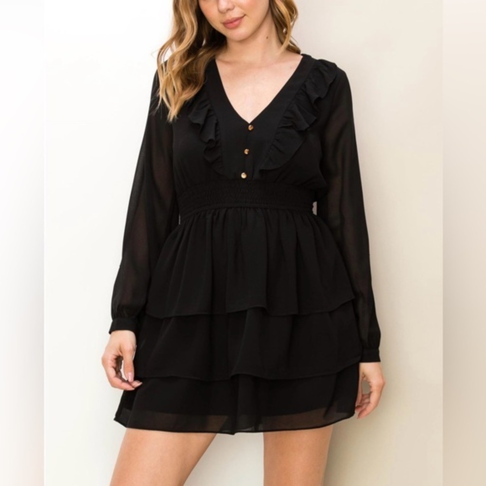Black Ruffled V-Neck Blouse